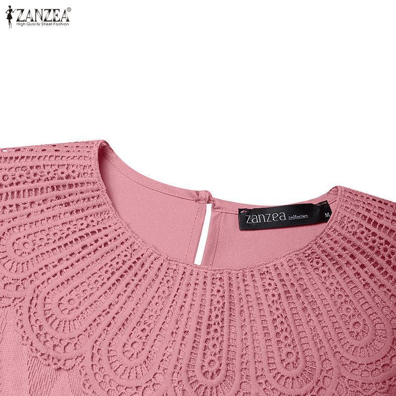 ZANZEA Women Casual Round Neck 3/4 Sleeve Patchwork Lace Sheath Dress