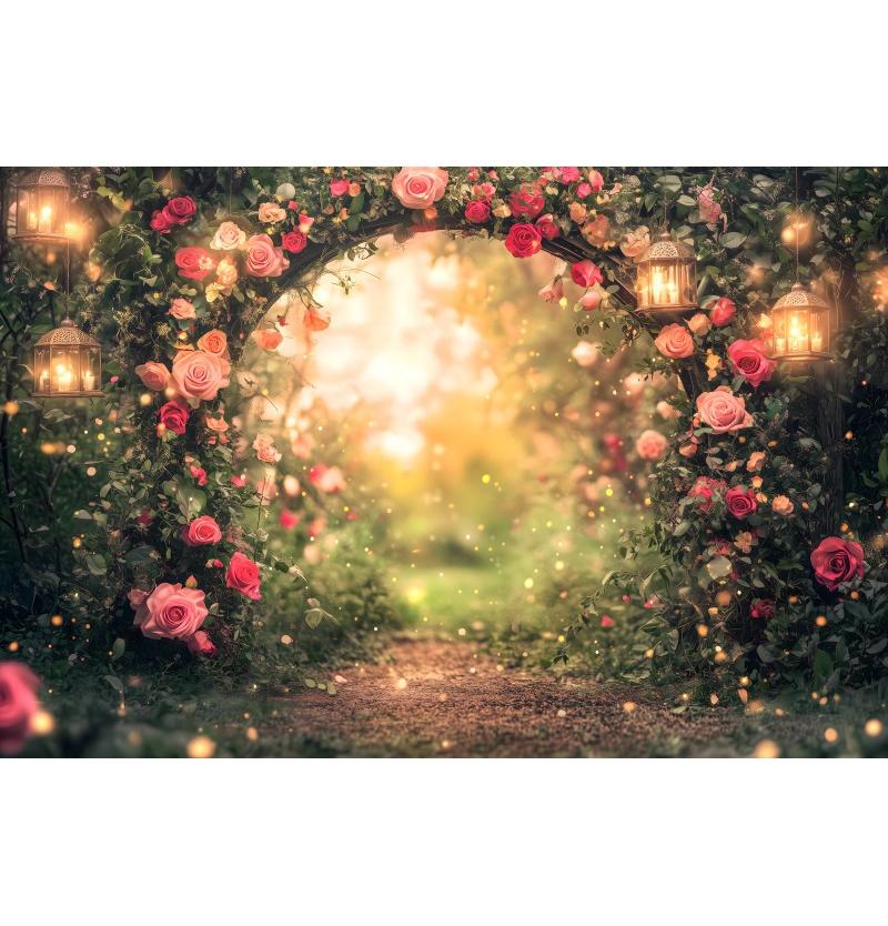 Fundo Romântico de Arco de Flores para o Dia dos Namorados, Decoração com Lanternas para Casamento, Noivado, Estúdio de Fotografia