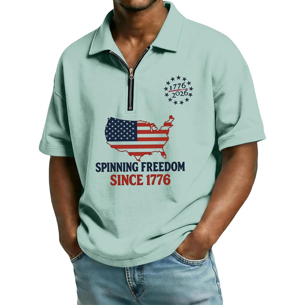 Men’s Short Sleeve Polo Shirt with USA Map and Flag Print Quarter Zip Collar Casual Loose Fit Top 1776 Design