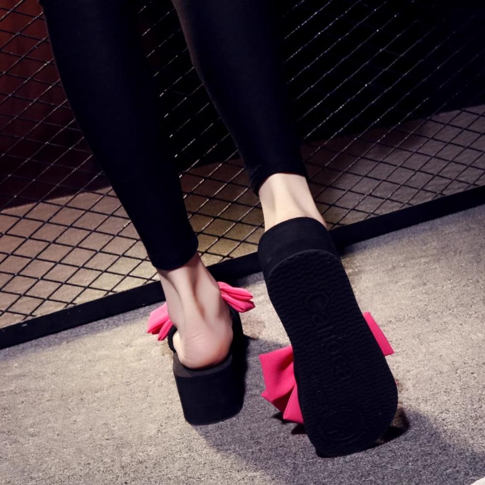 Bowknot Slippers Women Fashion Summer High Heels Thick Sole Anti Slip Slope Heel Outdoor Beach Cool Slippers Sandals Women
