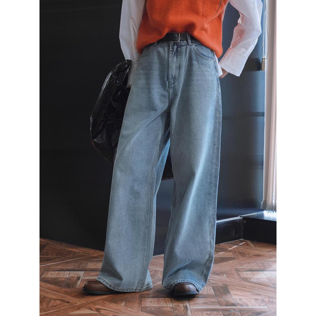 Xu Man Korean Style Retro Washed High-Waisted Wide-Leg Jeans for Women