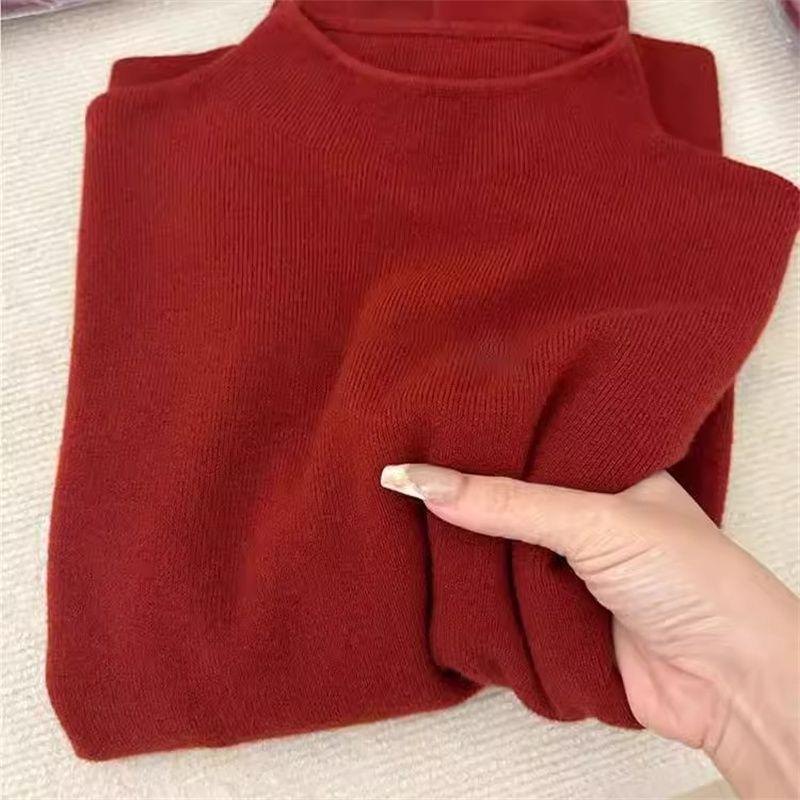 Trendy Red Slim-Fit Knit Top: Women's Half-High Neck, Long-Sleeved, Regular Shoulder Base Layer