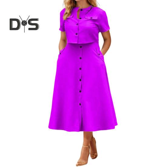 Women's Shirt And Skirt Solid Color O Neck Button Down Blouse Skirt with Pockets Summer Outfit for Office Business Occasions