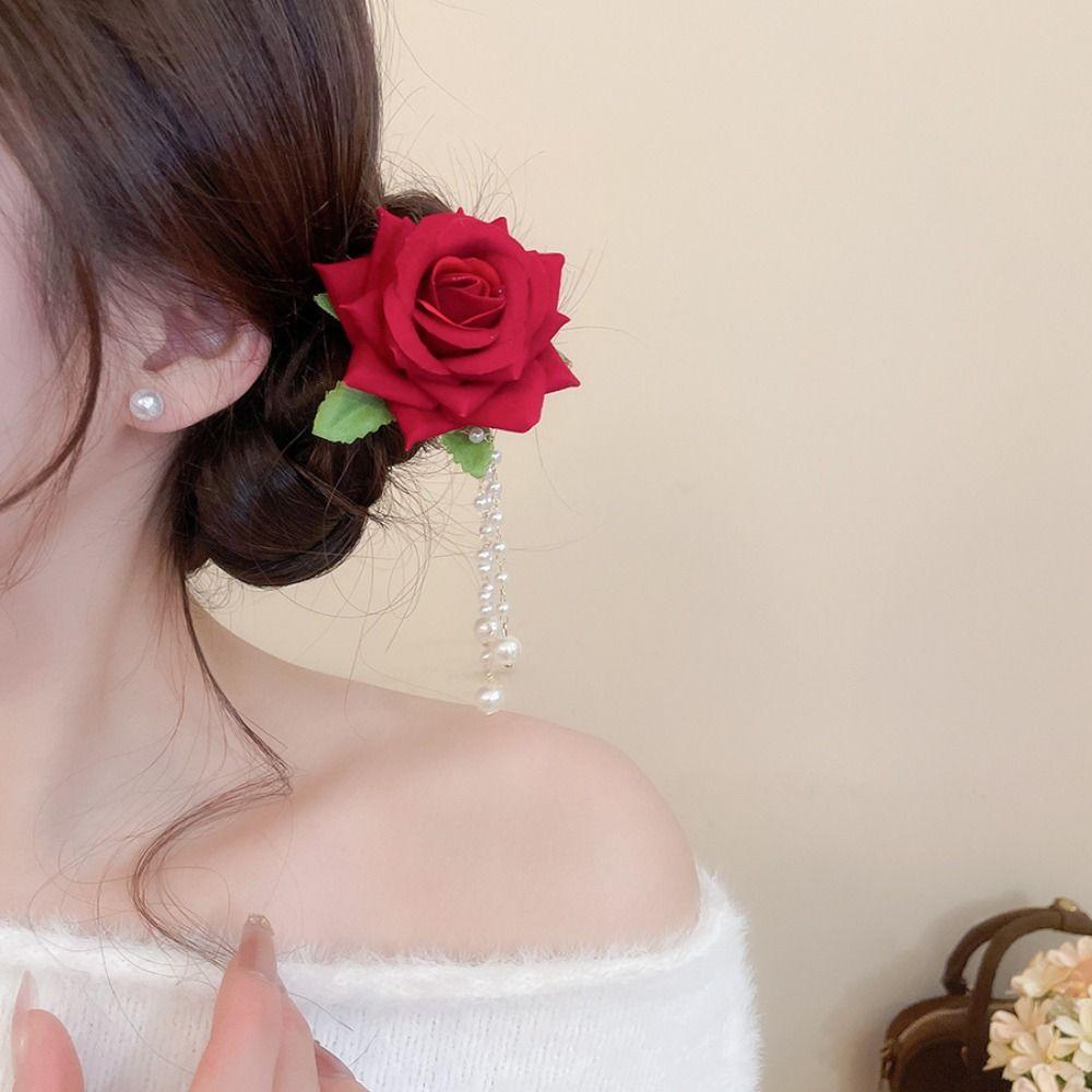 Retro Chinese Style Hair Stick Tassel Pearl Hanfu Hairpin Elegant Red Flower Hair Clip  Girls