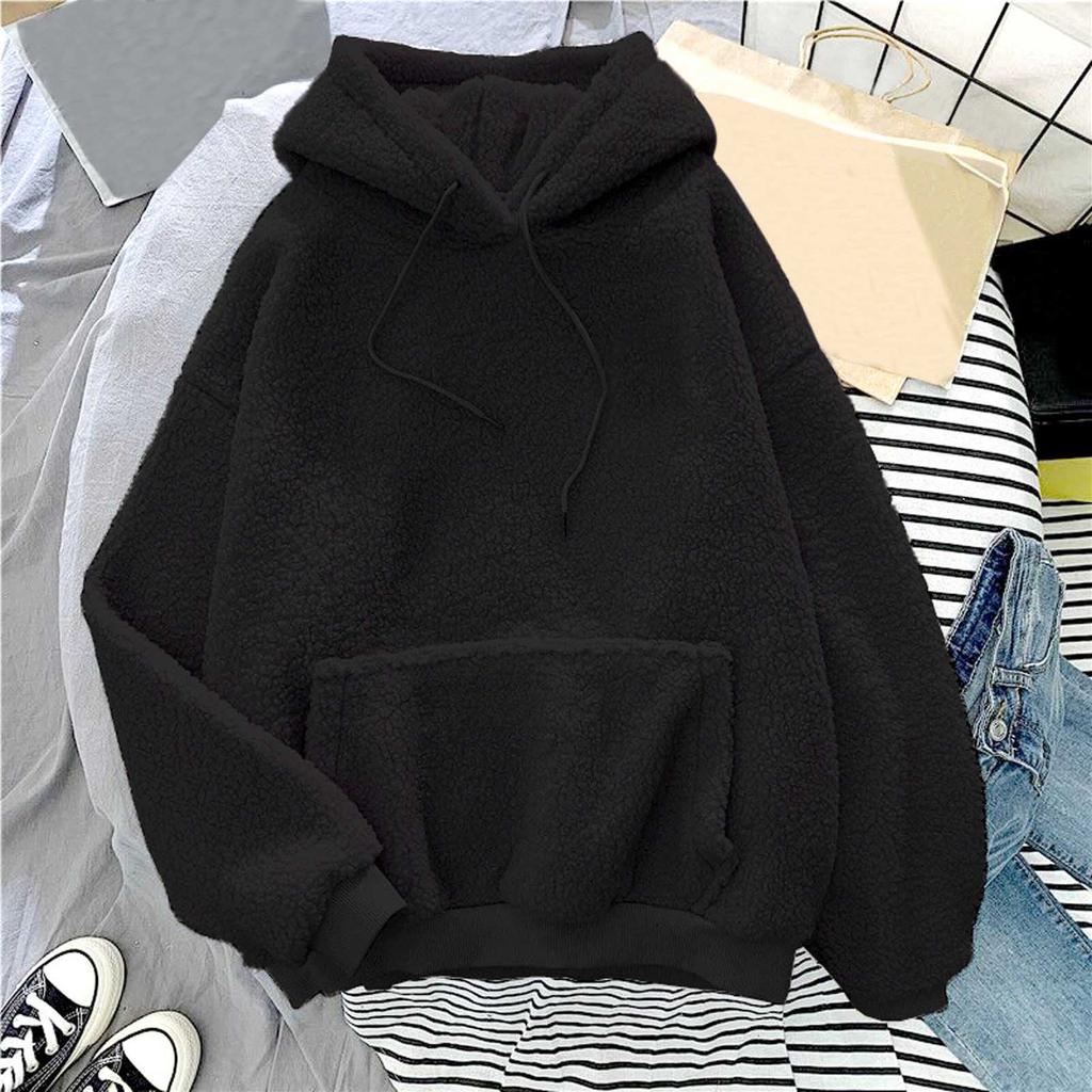Hanorac de damă la modă, uni, cu mâneci lungi, cu glugă, cald de lână de oaie, casual