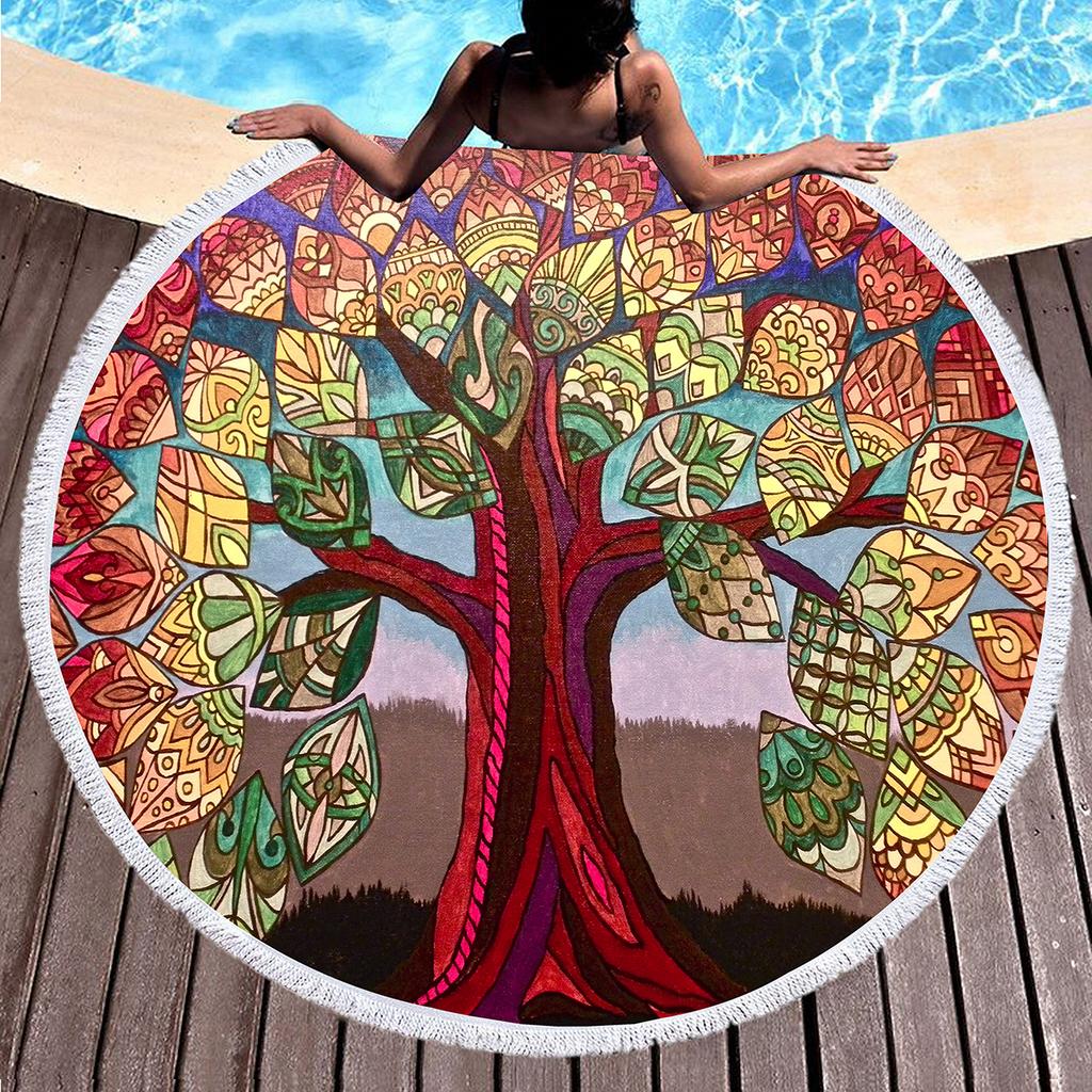 Tree of Life Round Beach Blanket with Tassels Polyester Sandproof Beach Towel,Absorbent Quick Dry Pool Towel Portable Picnic Mat