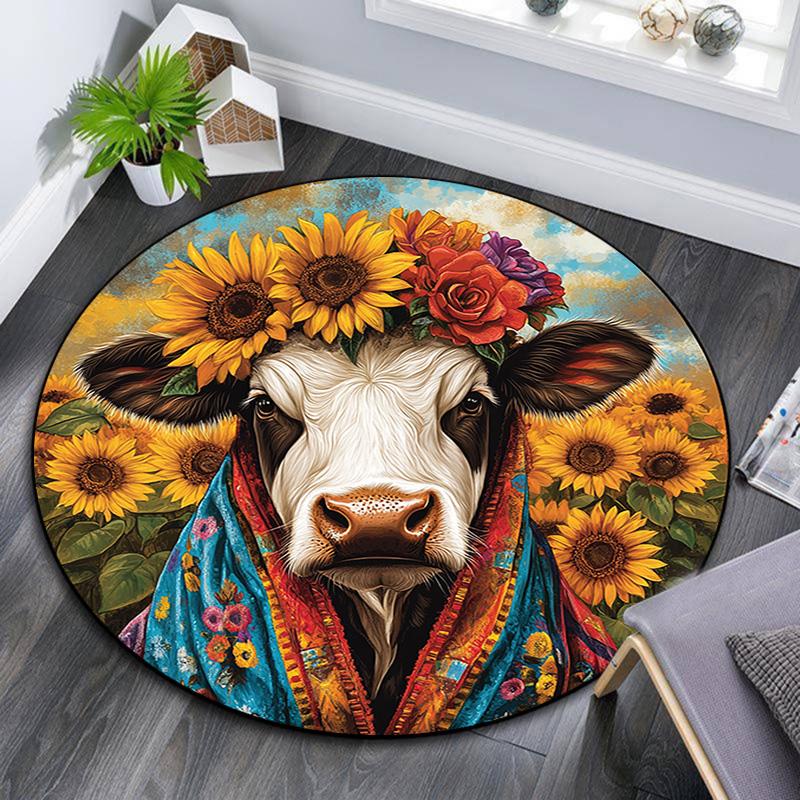 Cow with Sunflower Round Area Rug,Carpet Rug for Living Room Bedroom Sofa Playroom Decor,Non-slip Floor Mat