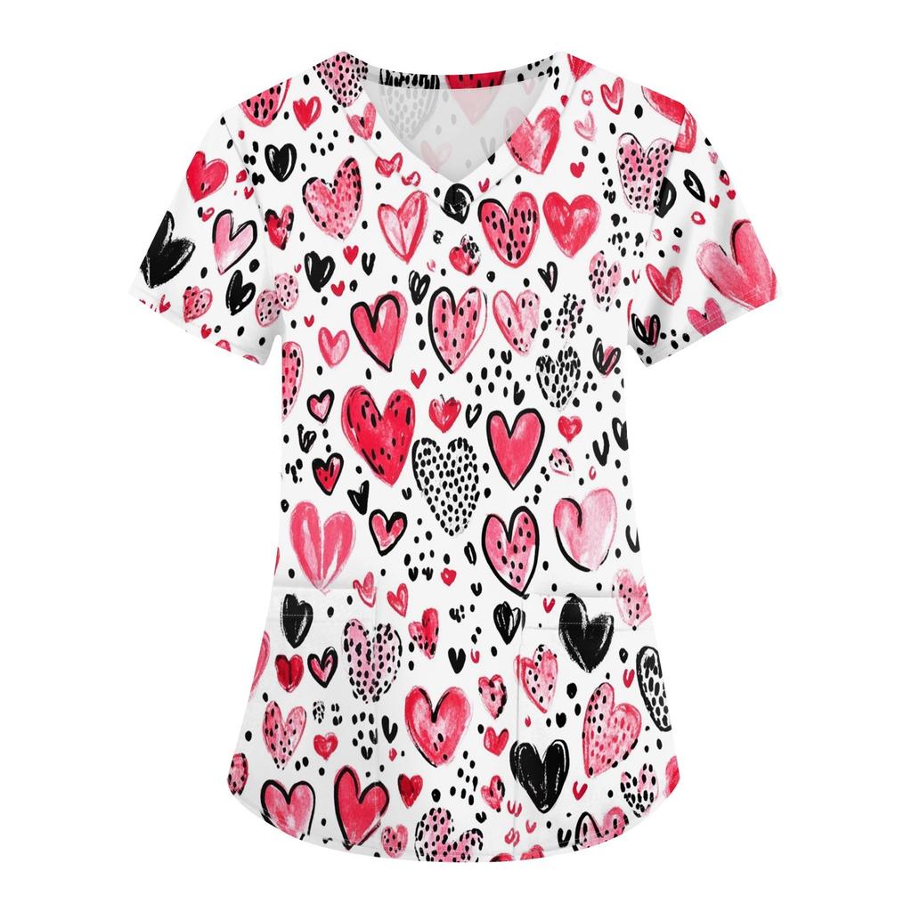 Women's Fashion V-neck Short-sleeved Work Clothes With Pockets Valentine's Day Print Top Care Wear