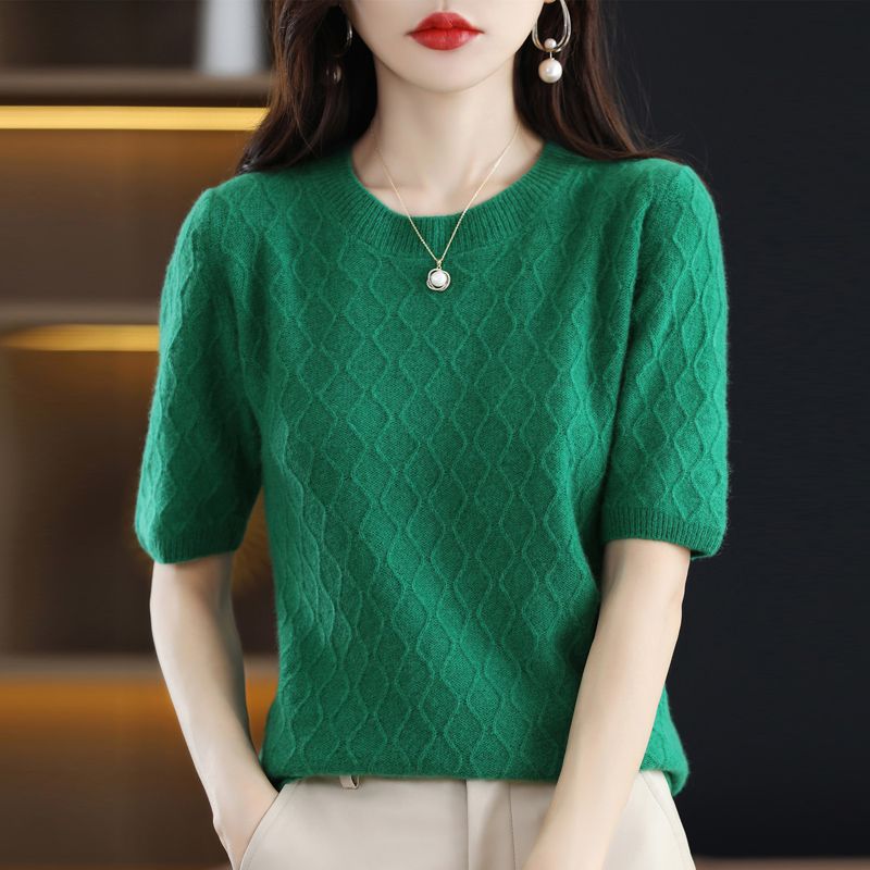 Winter Knitted Short Sleeve T-shirt Women's Loose Bottom Shirt Mid Sleeve Top