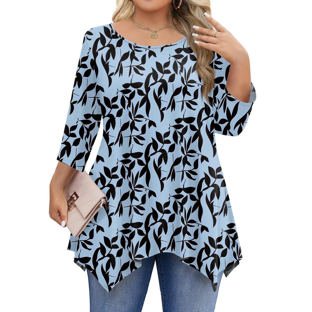Womens Plus Size 3/4 Sleeve Shirts  Round Neck Tunic Tops Basic Loose Fit Tee Tops L-5XL