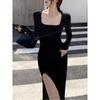 Sexy Side Slit Dress for Women Tight-fitting Wrap Hip Over-the-knee Long Sleeved Dresses Black Street Bodycon Spring Autumn