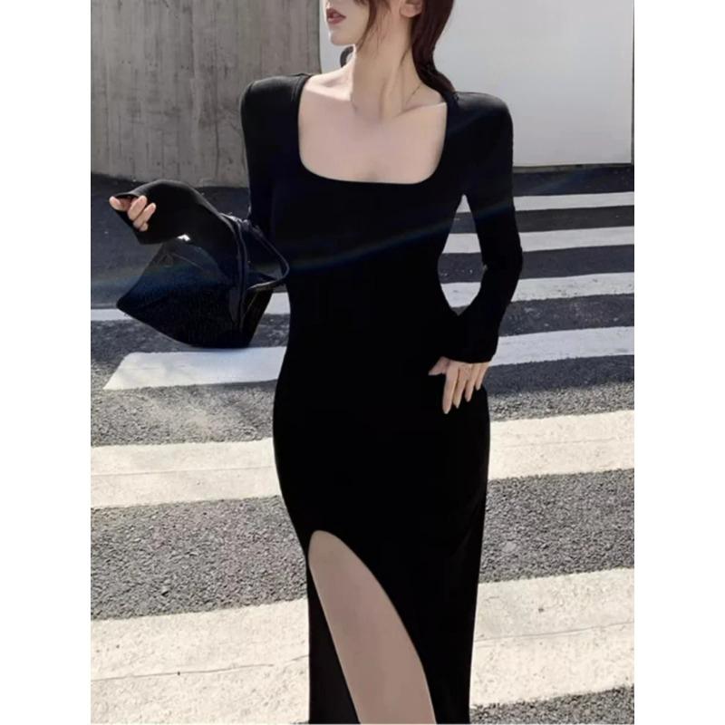 Sexy Side Slit Dress for Women Tight-fitting Wrap Hip Over-the-knee Long Sleeved Dresses Black Street Bodycon Spring Autumn