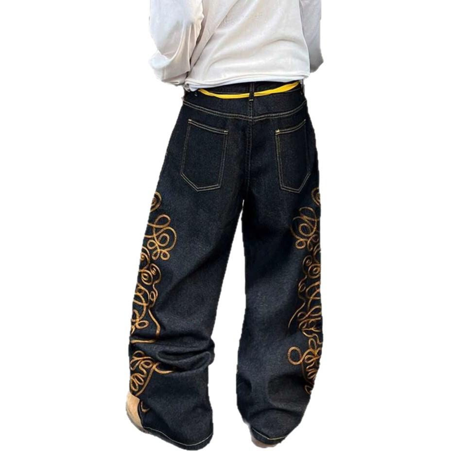 American Retro Personalized Design Embroidered Washed Loose Denim Men's Trend Brand Casual Straight-leg Pants