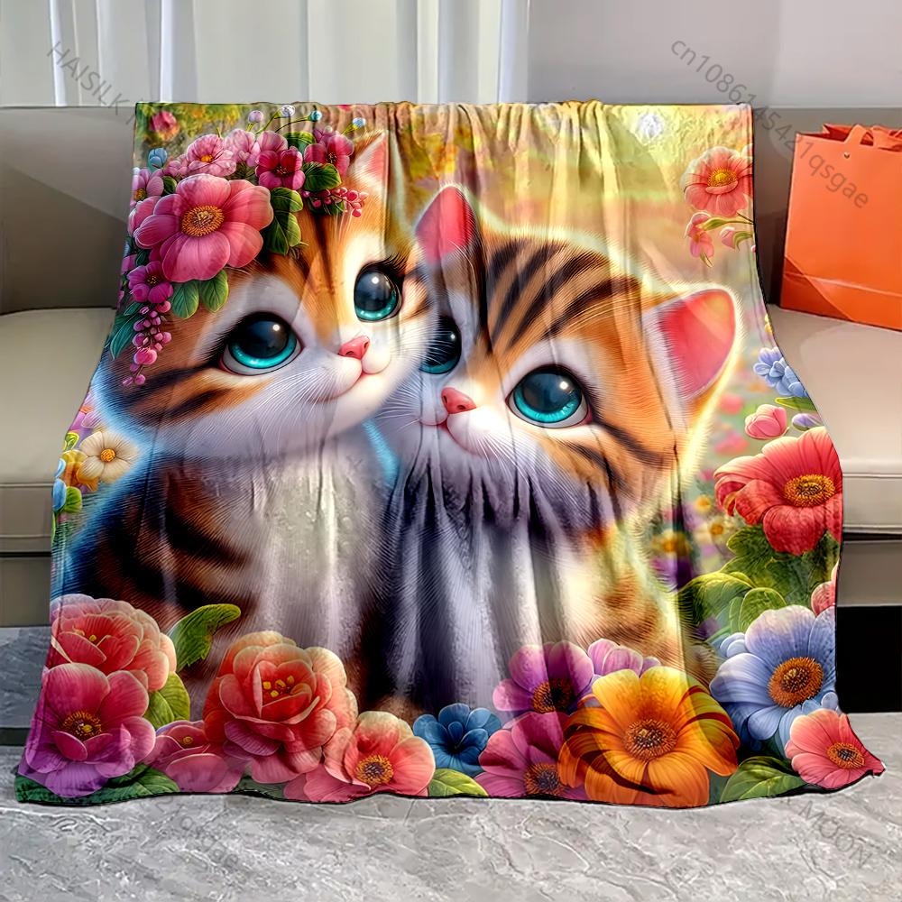

Two Tabby Cats and Flowers Print Blanket Warm Soft Luxury Gift for Child Adults Suitable for Home Sofa Bed Travel Camping RV 75x90cm