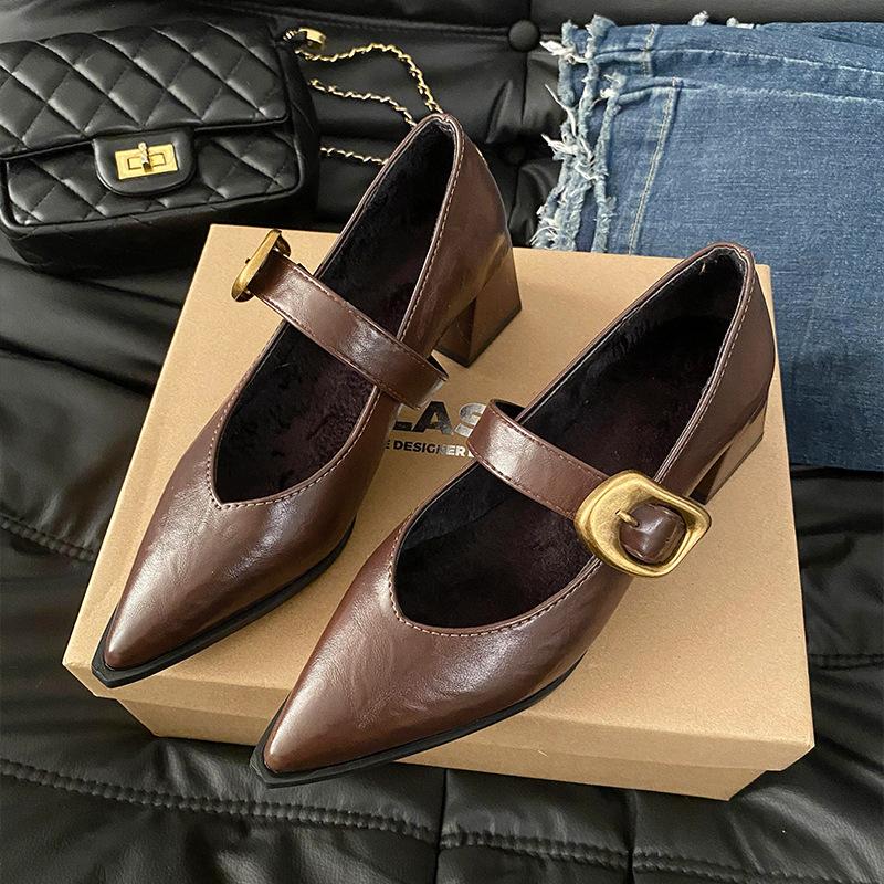 

Вечерний ветер толстый каблук высокие каблуки женские весна лето 2025 новые с юбкой острый носок маленькие кожаные туфли Мэри Джейн одинарные туфли 39 темно-коричневого