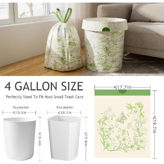 4 Gallon Trash Bags, Small Garbage Bags with Drawstring and Printed Lily Design, Tear-Free, Leakproof & Durable Small Trash Bags for Bathroom,