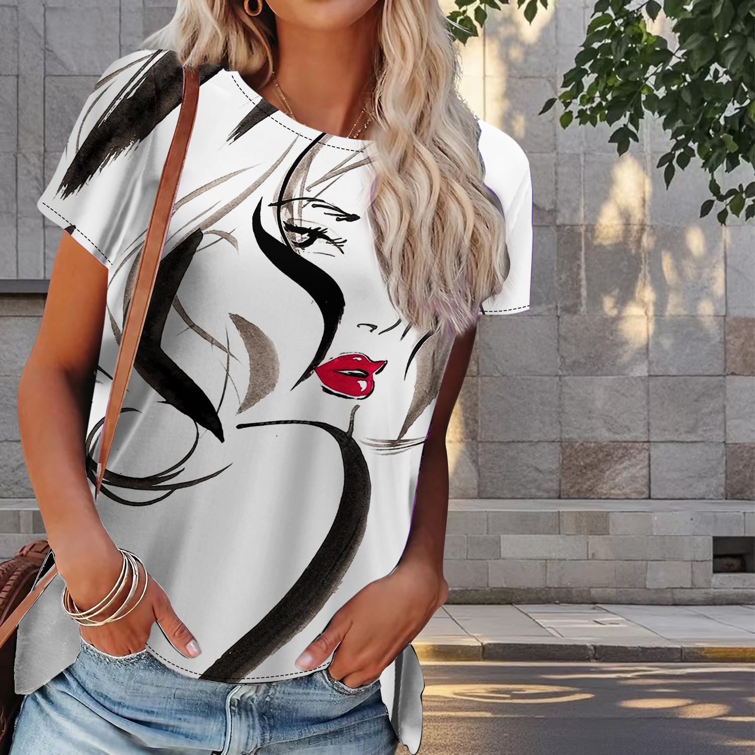 

Женская летняя футболка с принтом женского профиля в стиле ретро, футболки с коротким рукавом, повседневные топы с принтом 2XL белый