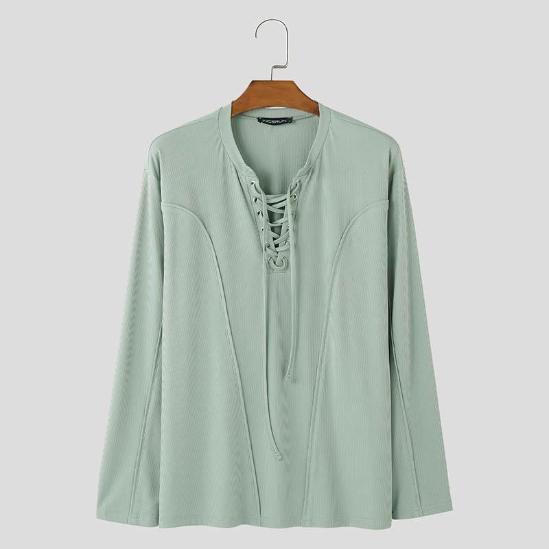 

INCERUN Мужские осенне-весенние свитера с V-образным вырезом и шнуровкой, однотонные повседневные топы в рубчик XL зелёный