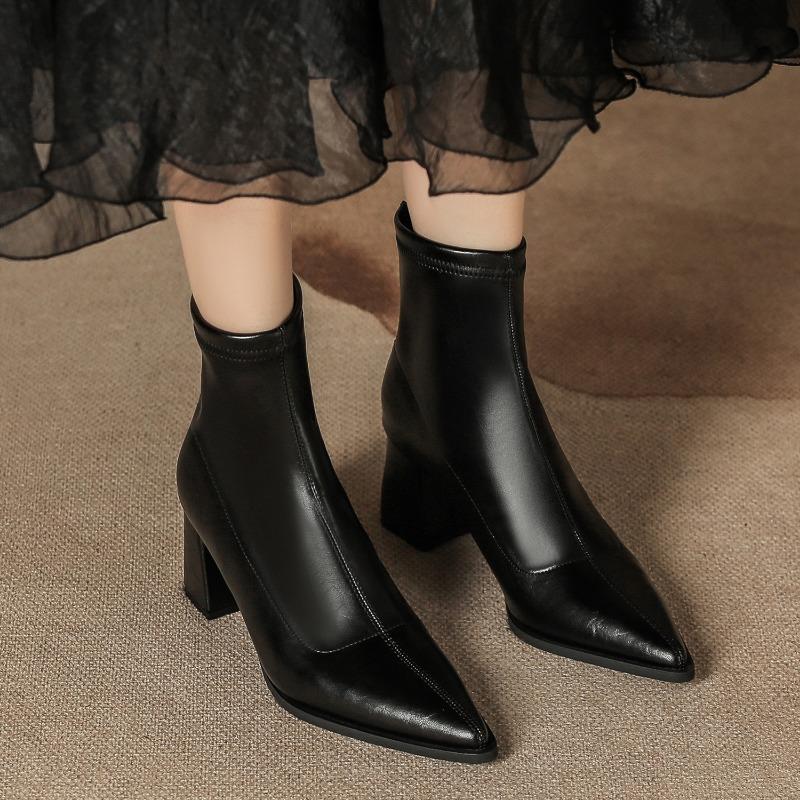 Autumn and Winter Thick Heel Single Boots Medium Tube Thin Boots Women Thin Rear Zipper Black Pointed Head Low Tube Leather Boots High Heel Women