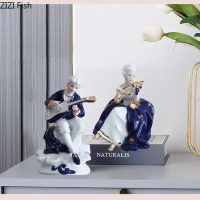 Gold-plated Porcelain European Figures Statue Desk Decoration Blue Ceramic Musician Character Sculpture Room Aesthetic Decor