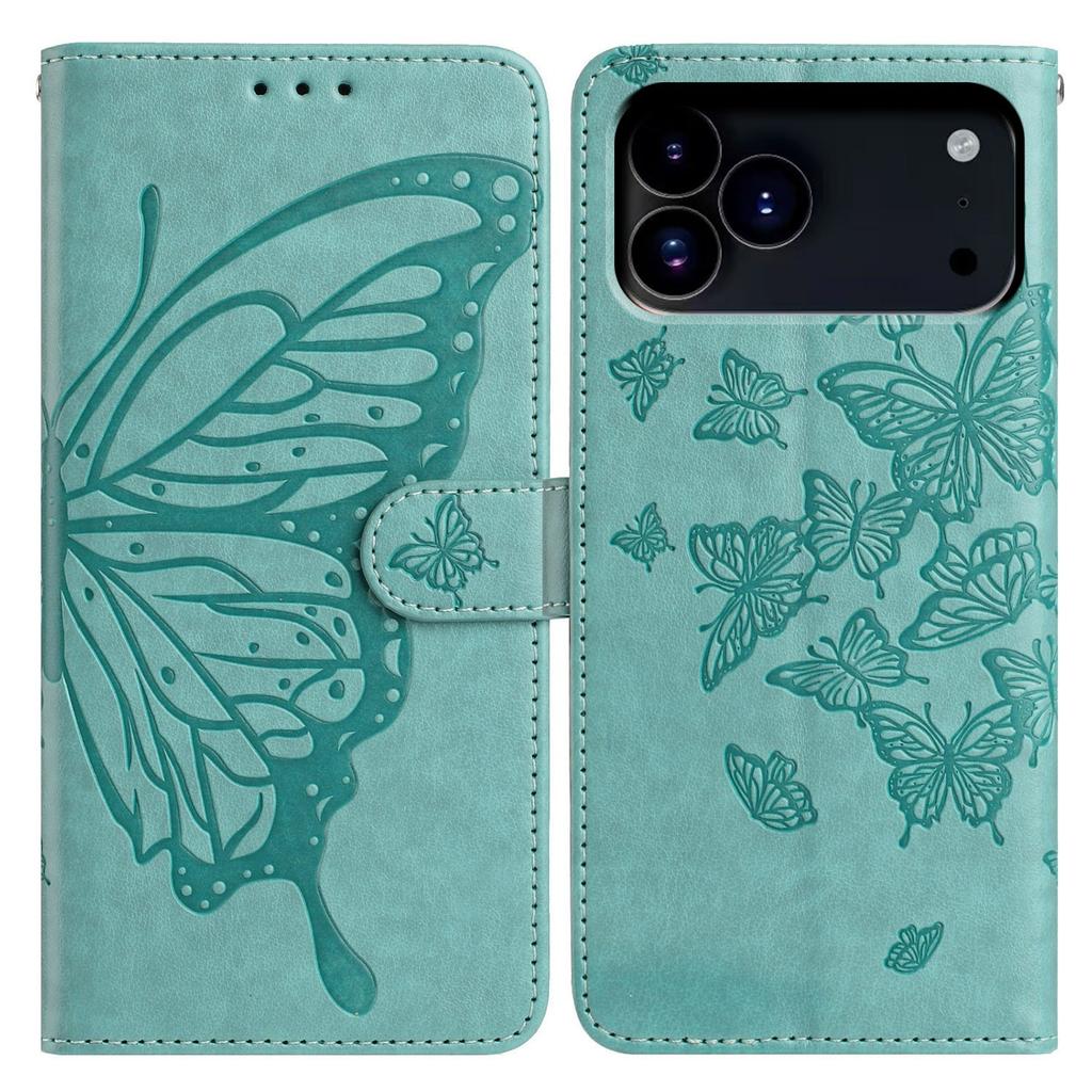 For iPhone 17 Pro Case Butterfly Imprinted Wallet Stand PU Leather Flip Phone Cover with Strap