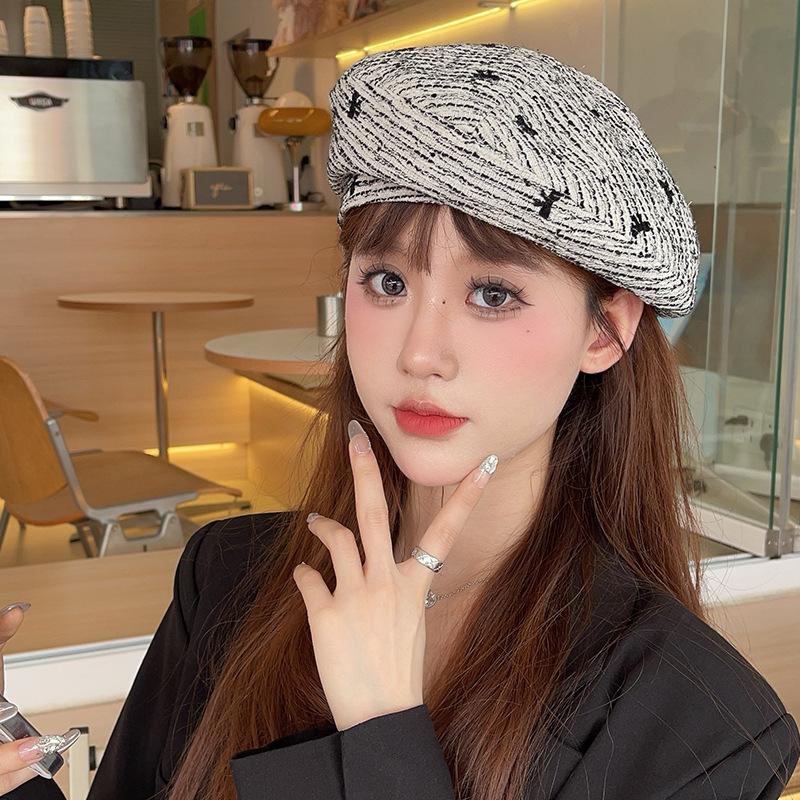 Hat Women's Korean Style Fashion Striped Beret Bow Embroidered Face Little Painter Hat Simple Casual Octagonal Hat