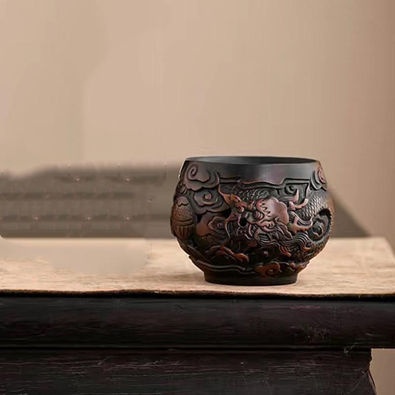 90ml Purple pottery vintage tea cup hand-carved ceramic master cup Traditional dragon phoenix single cup custom tea accessories