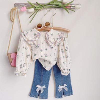 Crianças roupas da criança primavera meninas bonito doce estilo casual manga longa floral boneca colarinho camisa + arco jeans conjunto de duas peças