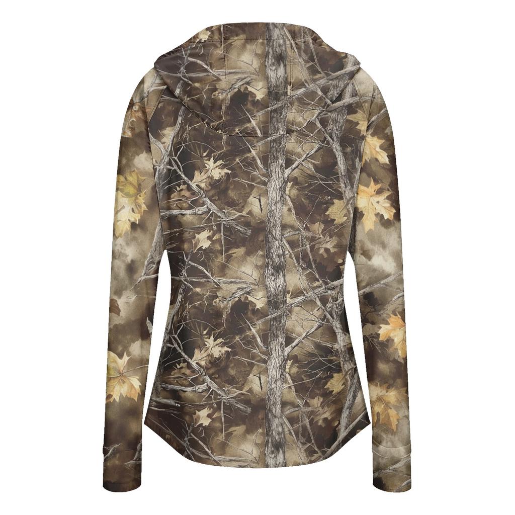 Women's Lightweight Zip-Up Hooded Jacket with Long Sleeves Pockets and Camouflage Print Sun Protection Outerwear