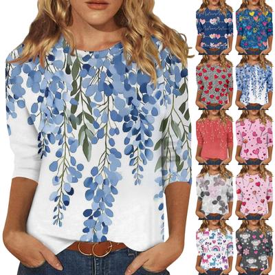 Women's Fashion Casual Round Neck 3/4 Sleeve Loose Printed T-Shirt Ladies Top