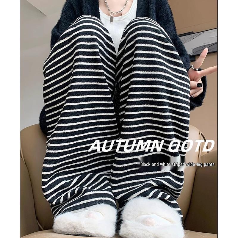Women's High Waist Black & White Striped Petite Wide Leg Pants - Fleece Lined for Autumn/Winter