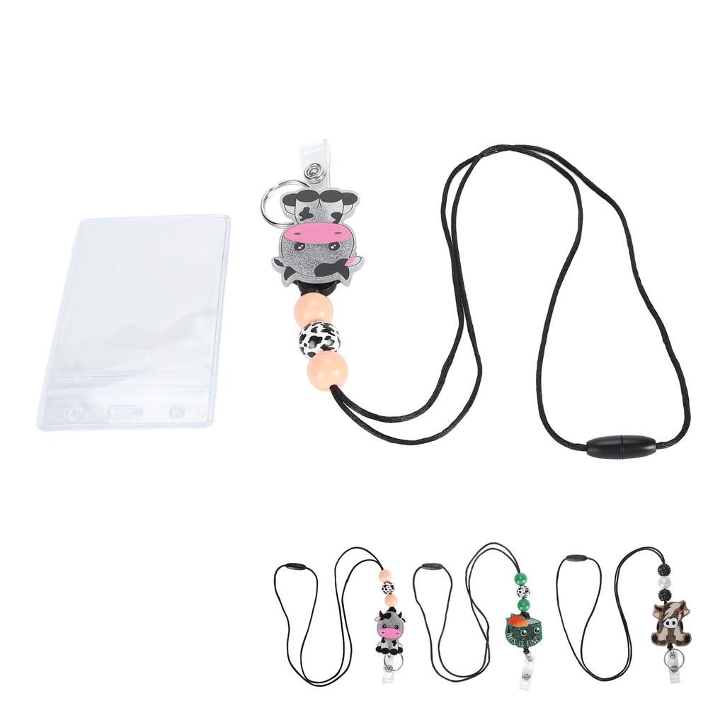 Badge Holder with Lanyard Cartoon Beaded Design Adjustable Nylon Cord Bus Card Holder for Office Sch
