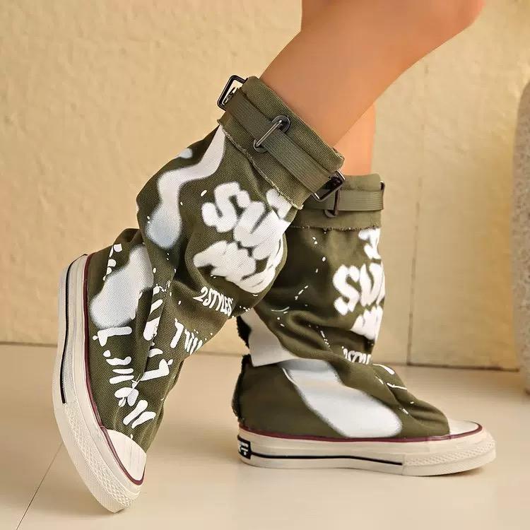 Graffiti Design Women Boots Classic Breathable Canvas Boot Fashion Mid-calf Boot Non Slip Rubber Sole Platform Boots Botas Mujer