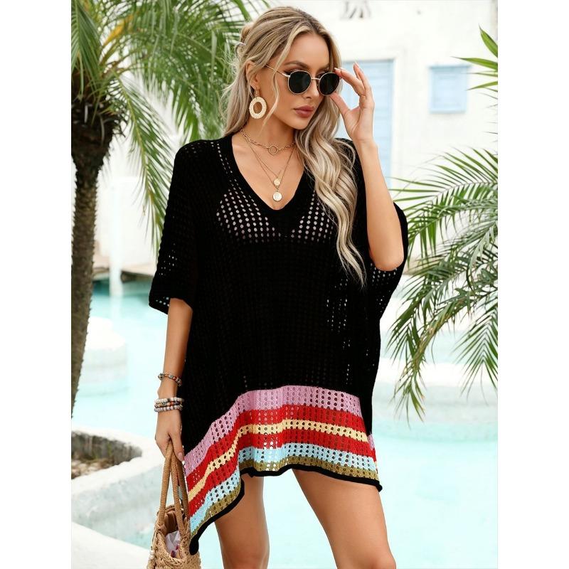 

Womens Crochet Knit Striped Hem V Neck Beach Cover Up OneSize