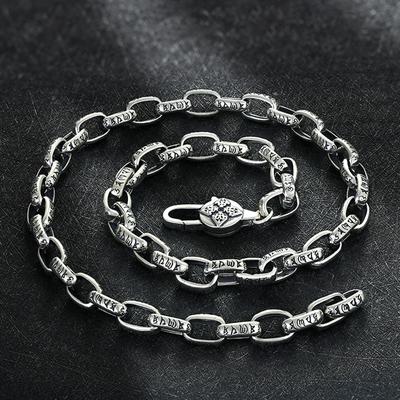 New Six-character Mantra Boys Necklace Silver Long Chinese Style Personality Trendy Men's Retro Jewelry Accessories