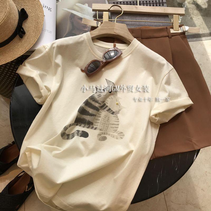 

Brand Counter Withdraw Women s Clothing Foreign Trade Original Order Mulberry Silk + Combed Cotton Ink Painting Cute Cat Beaded Short Sleeve T-shirt Beige S