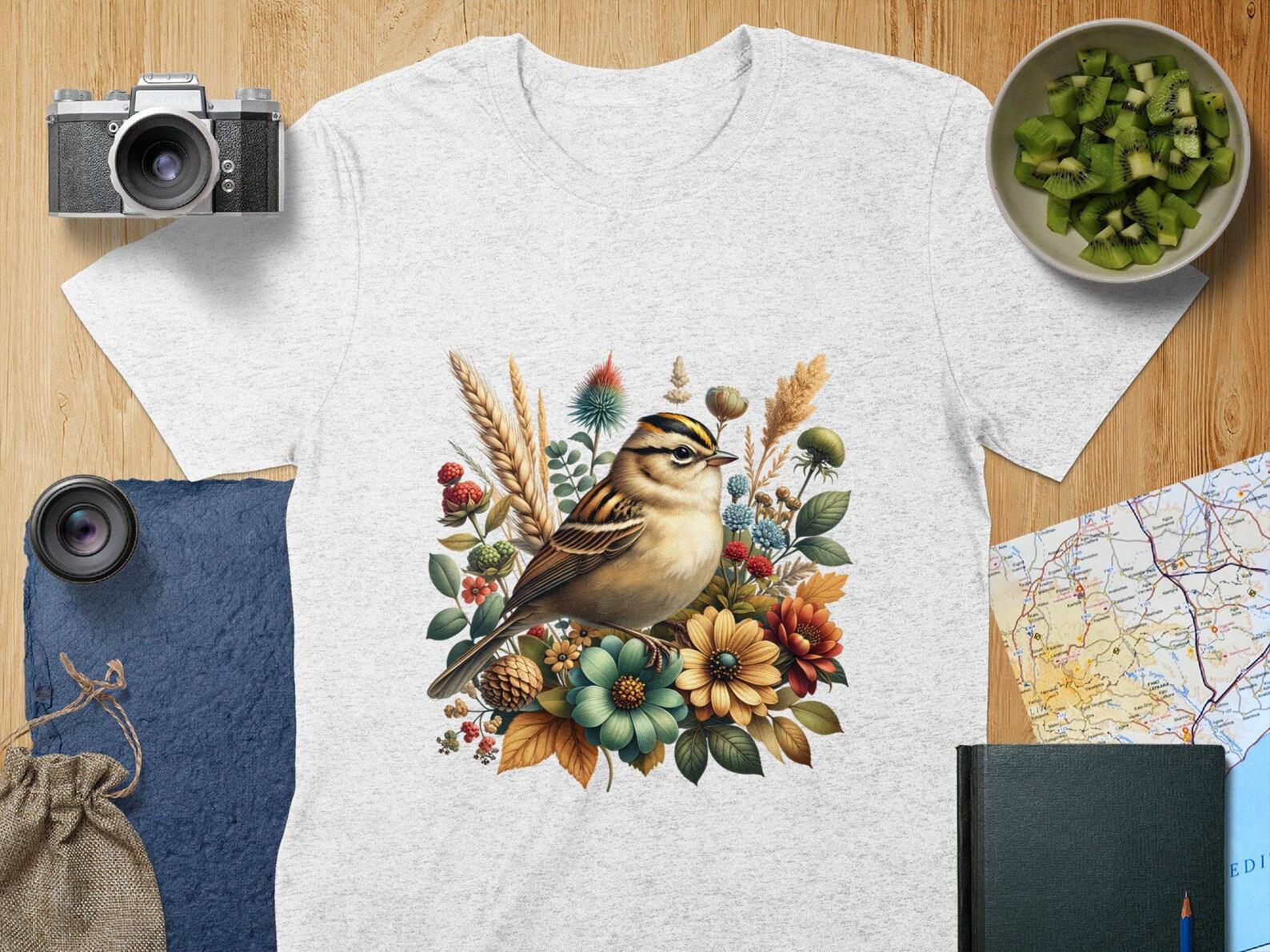 Golden-crowned Sparrow Bird Lovers T-Shirt, Winter Floral Bird Design, Bird Watcher s Top, Nature Inspired Tee, Colorful Bird Graphic S