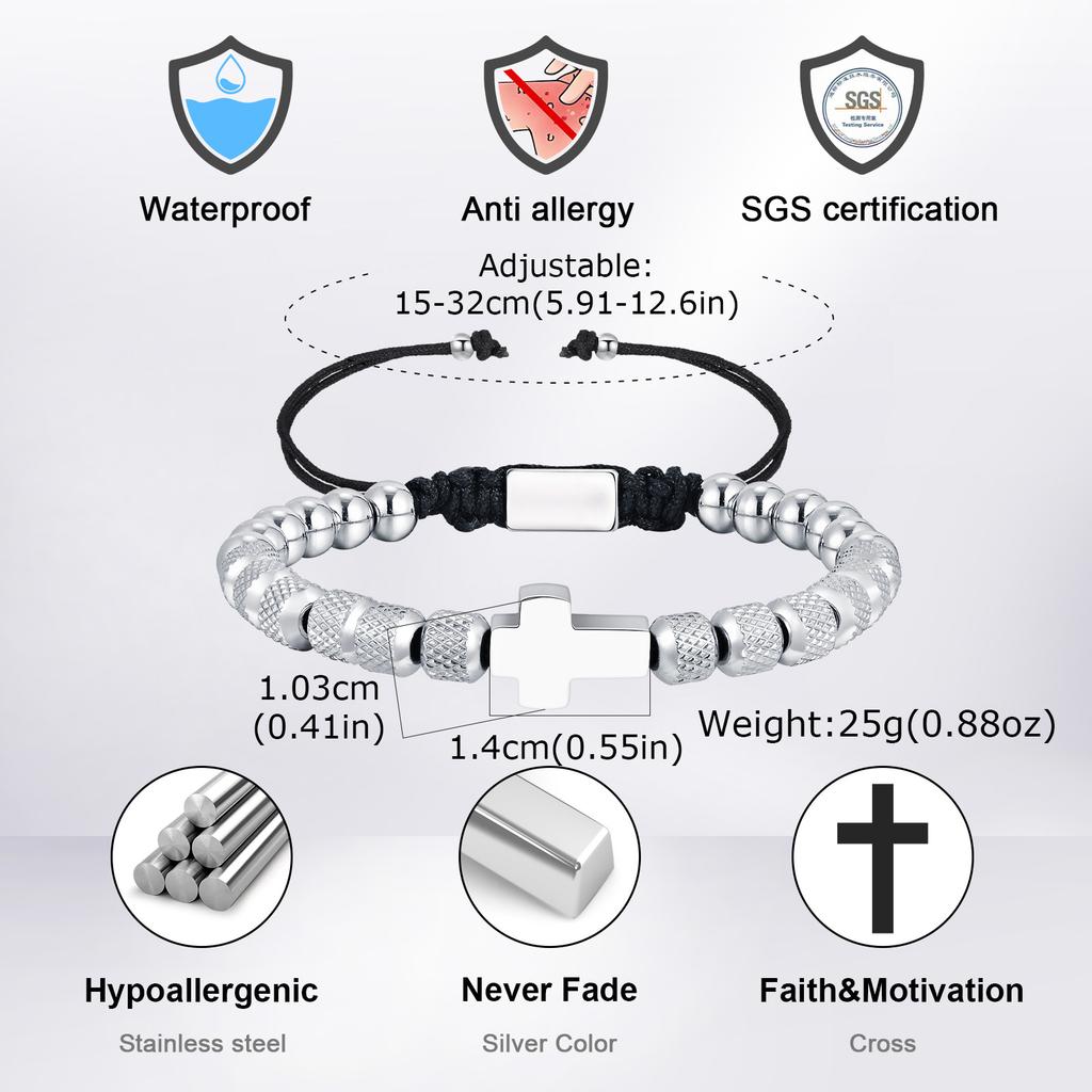 Kreuz Ananas Perlenarmband für Herren, Verstellbares Edelstahl-Metallperlenarmband, Einfaches Trendiges Schmuckgeschenk