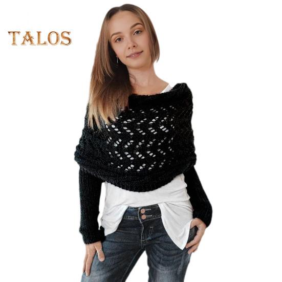 

Вязаный шарф-накидка с косами и рукавами, мягкий шарф-шаль в богемном стиле, ажурный узор для вязания крючком, шарф-накидка в виде свитера чёрный