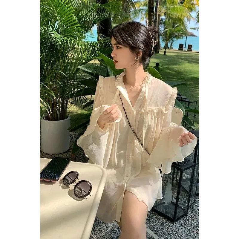 

Women s Ruffled Blouse Loose Fit with Frill Trim Bow Detail S абрикосовый