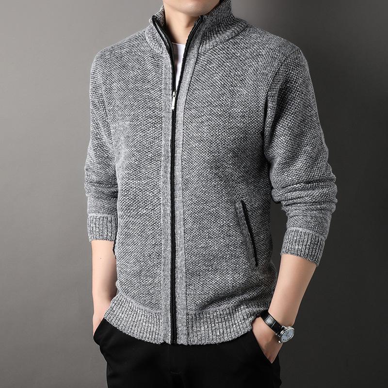 Men's Stand Up Collar Knit Sweater Autumn Spring Cardigan Tops Korean Slim Solid Color Sweatercoat Jacket