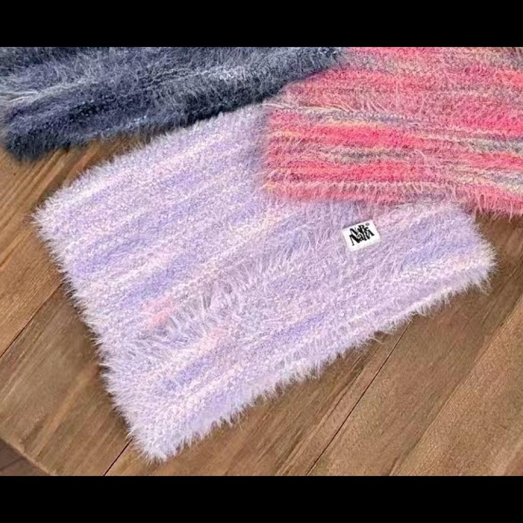 

2025 новая осенне-зимняя высокоэластичная шерстяная шапка большого размера для окружности головы, цветная полосатая нашивка, плюшевая теплая вязаная шапка женская M（56-58cm） фиолетовый