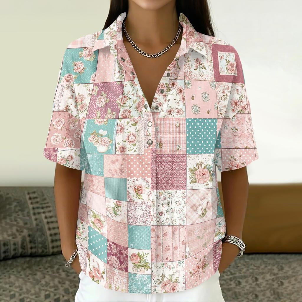 Damen Vintage Blumenmuster Polohemd Knopfleiste Kurzarm Lockerer Schnitt Lässiges Oberteil aus Baumwoll-Leinen-Stoff