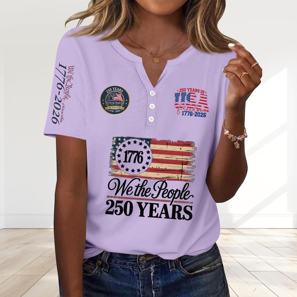Women's Fashion Casual 250th Anniversary Independence Day Print V-Neck Short Sleeve Decorated Button-Up T-Shirt