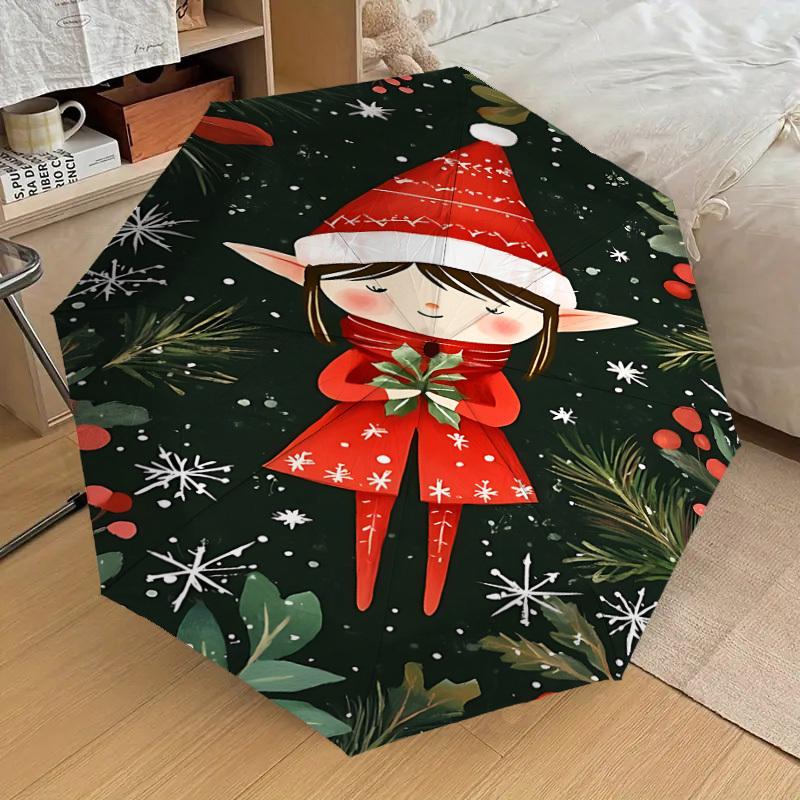 1PC Elf, Christmas Automatic Open/Close Umbrella with Windproof, 8-Rib Sturdy Canopy, Durable Ribs, Fashionable Design, Outdoor Accessory, Fun Prin, H