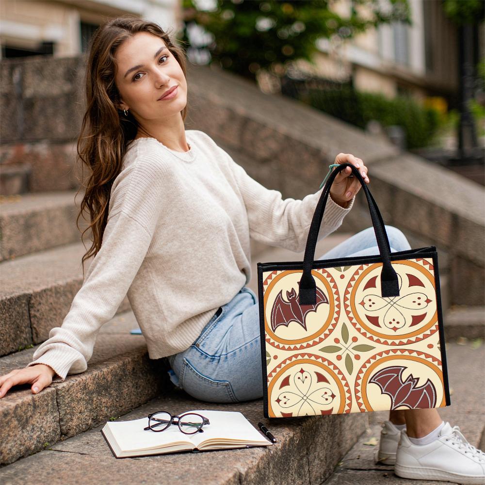 Retro Bat Pattern Tote Bag Boho Style Large Capacity Canvas Bag Daily Portable Shopping Bag