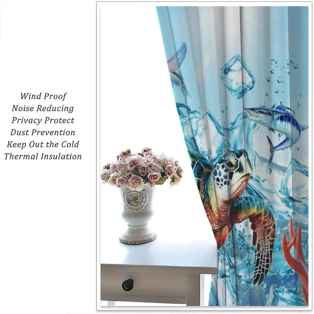 2 Panels Summer Beach Sea Turtle Blackout Thermal Insulated Room Darkening Curtains - Turquoise Blue Ocean Fish & Starfish Desig