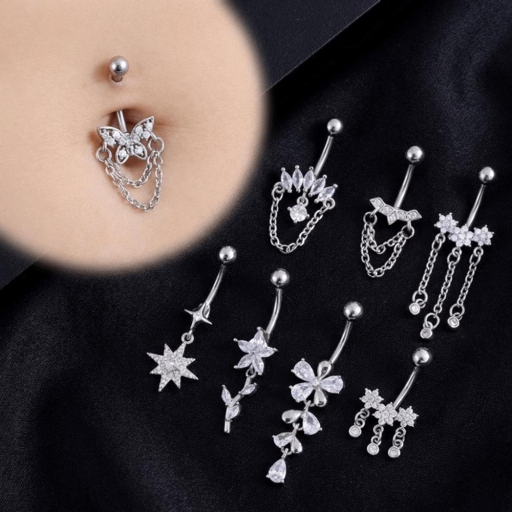 Elegant Belly Navel Stud Stainless Steel Navel Button Butterfly Chain Navel Ring Seaside