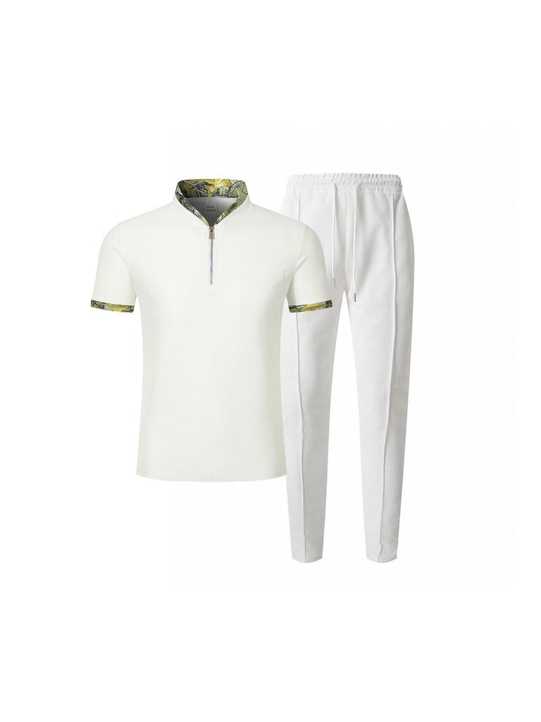 Men's Waffle Knit Stand Collar Zip Color Block Sports Set - Short Sleeves & Long Pants (2026)