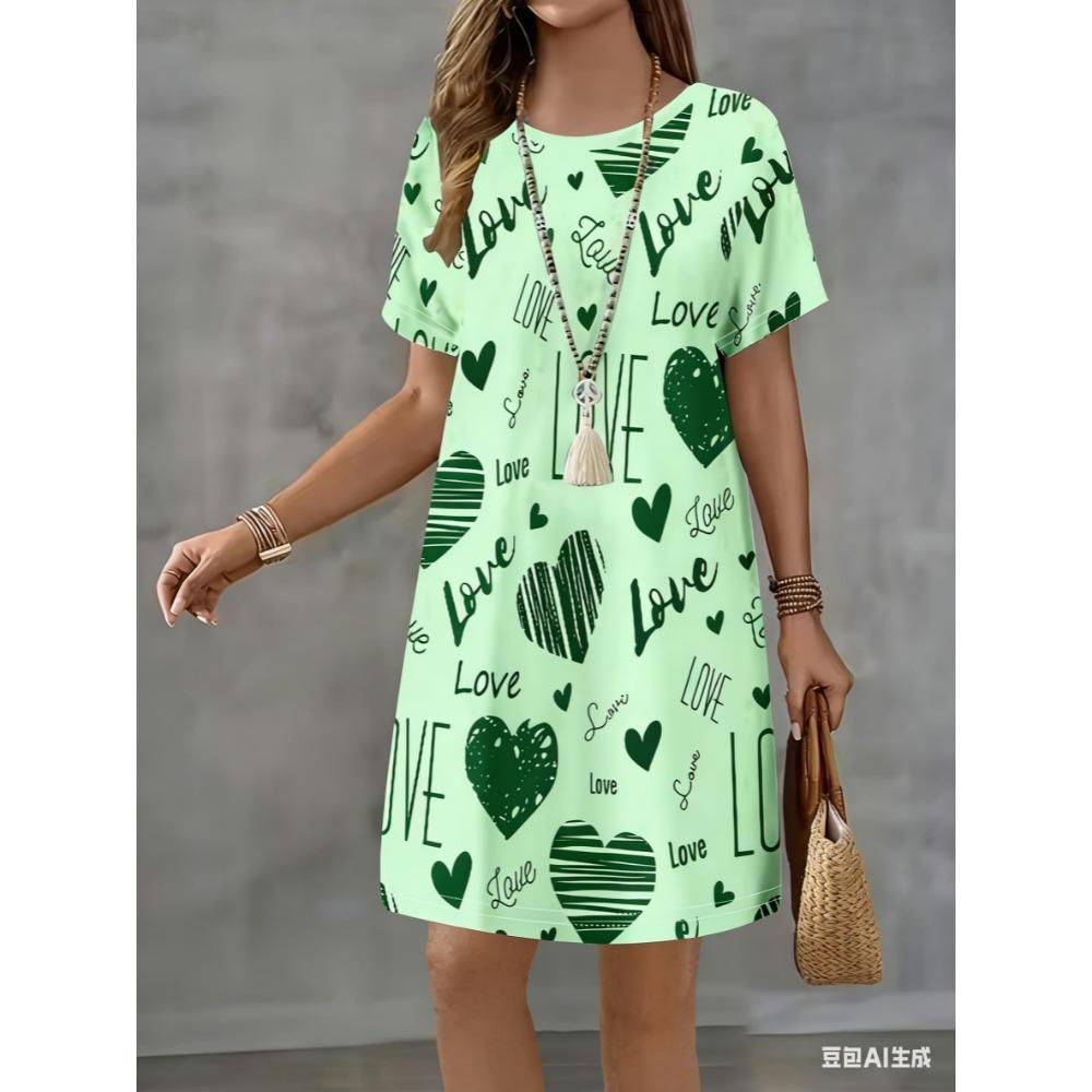 New love-themed printed dress, women's summer short-sleeved round-neck casual A-line skirt